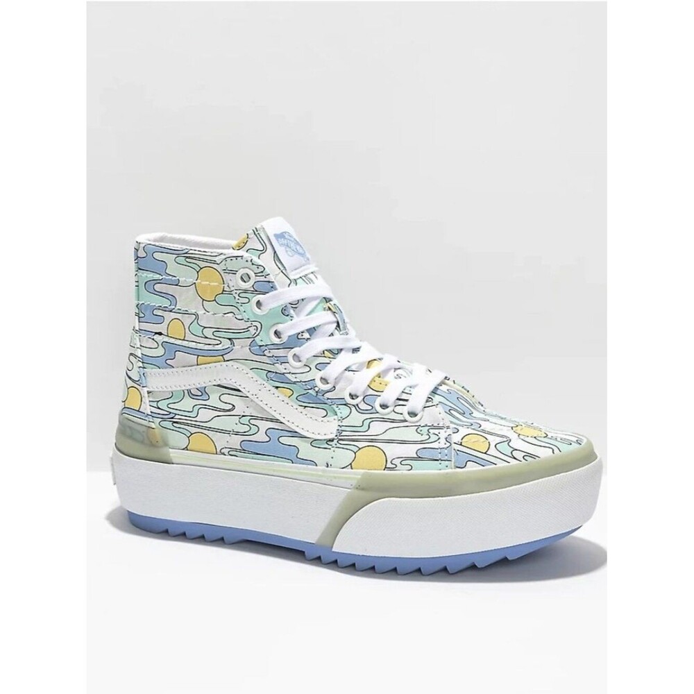 Vans Sk8-Hi Stacked Mint, Blue & Yellow Sunwaves Platform Shoes Size 7.5